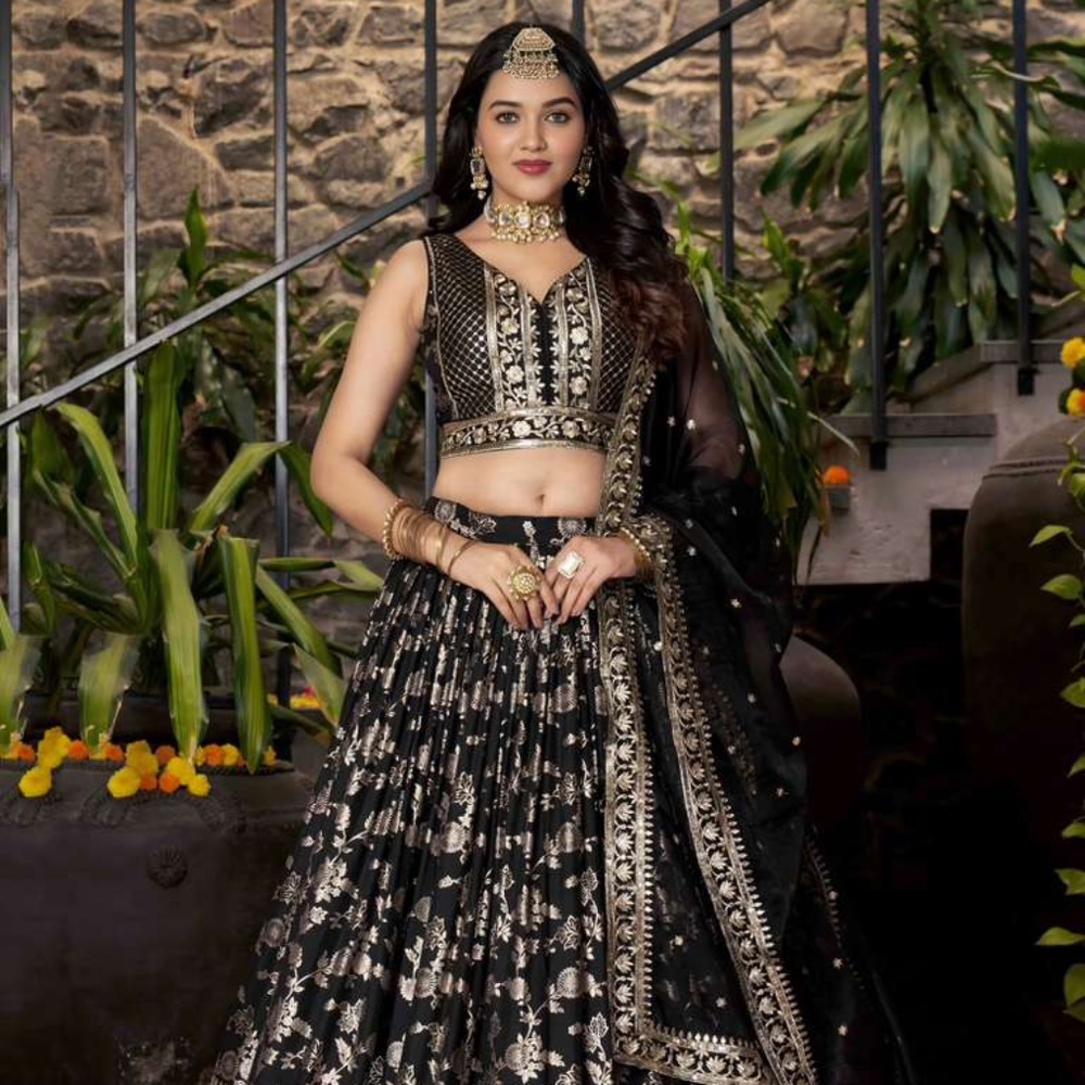 Black Embroidered Lehenga Choli Set with Gold Zari Work, Bridal Wedding Wear